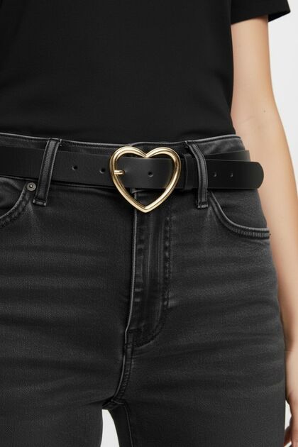 Black Women's Belt with Heart Buckle, Jean Belt with Gold Buckle, Jacket Belt, Trouser Belt