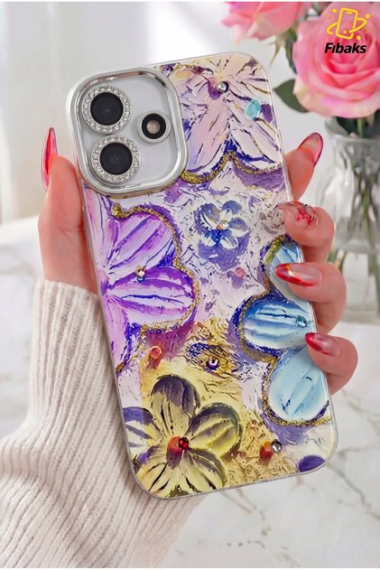 iPhone 16 Plus Kılıf Renk Değiştiren Taşlı Kamera Lens Korumalı Mavi Çiçek Desenli Darbe Emici Kapak