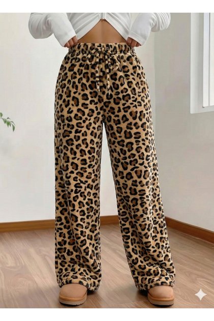 Peluş alt Eşofman Sonbahar ve Kış için Lastikli Bel, Bol Paça,Leopar Desenli Sıcak, Kadın