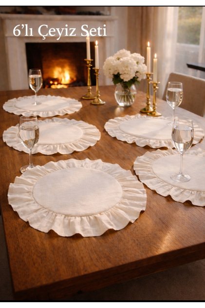 40X40 Organic Raw Linen Ruffled American Tablecloth, Supla Set, 6-Piece Dowry Set