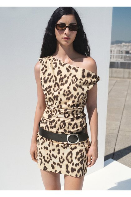 Leopar desenli asimetrik yaka elbise