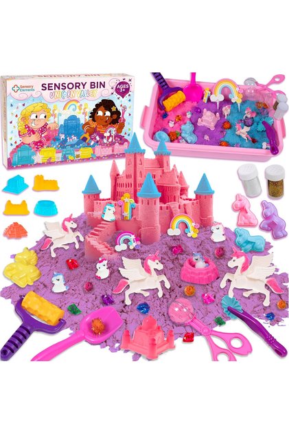Sensory Bin Unicorn Valley, cu nisip kinetic si accesorii diverse