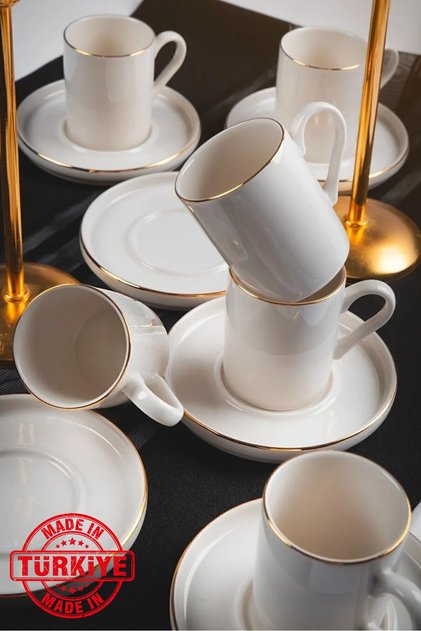Dream Gold Gilding 12 Piece 6-Person Porcelain Coffee Cup Set Broken White (Made in Turkey)