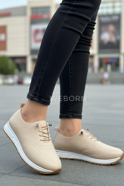 Women's Beige Daily Orthopedic Sole Padded Heel Comfortable Faux Leather Breathable Sneaker