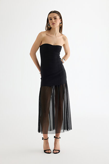 Strapless Combinable Midi Dress Black