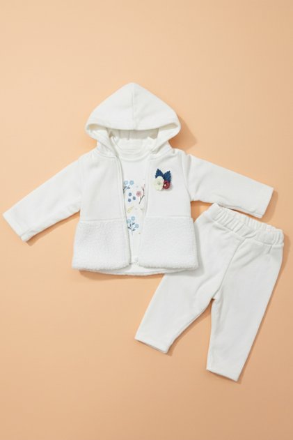 Winter Corduroy Coat with Floral Collar Accessories 3-Piece Set: Coat-Top-Pants