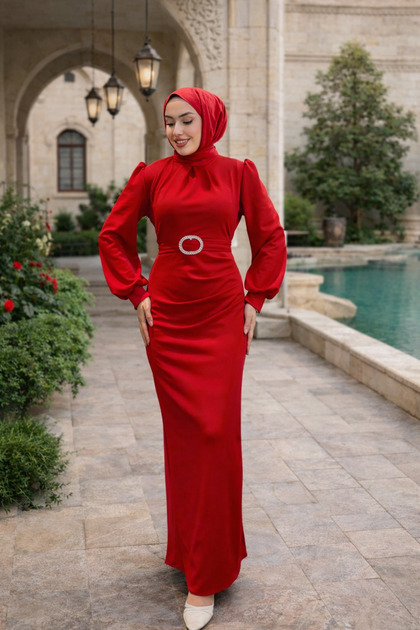 Tarzm Tuba Scuba Seil Detailed Hijab Red Dress- Trendyol