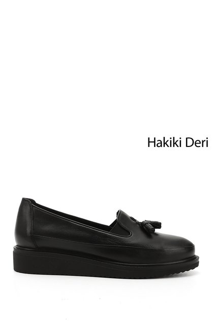 Women's Black Wedge Sole Tasseled Genuine Leather Shoes