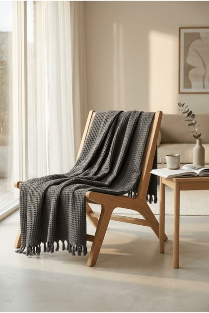 Anthracite Fringed Sofa Shawl / TV Cover / Throw 130x170 Cm
