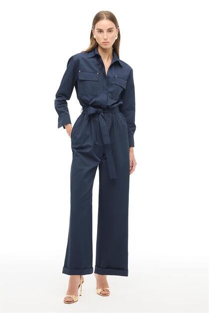 Navy Blue Shirt Collar Pipe Leg Jumpsuit