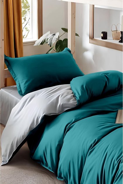 Double-Sided Single Duvet Cover Set with Elastic Sheet - Petrol-Grey