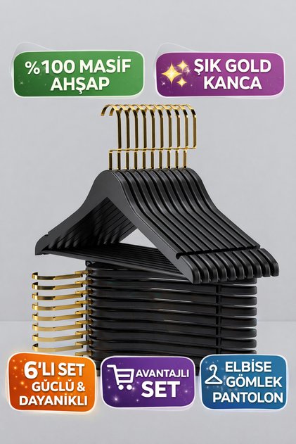 Ahşap Elbise Askısı 6’li Set – Ultra Lüks Premium Siyah Ahşap Askı