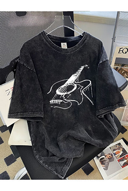 Guitar Printed Wash Unisex Oversized T-Shirt - Acid Wash Oversized T-Shirt