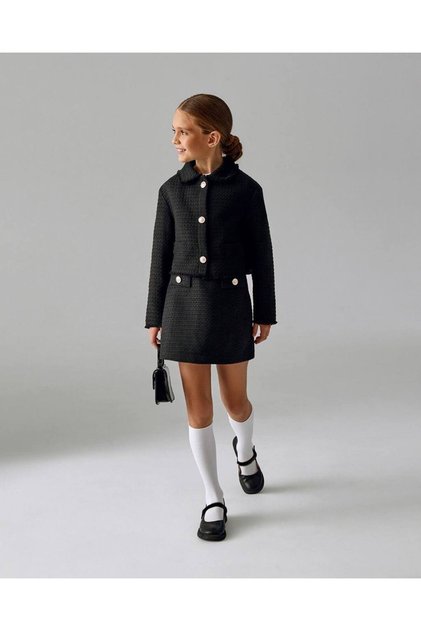 Girl's Black Two-Piece Stylish Suit with Woven Skirt, Perfect Fit.