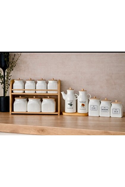 Pembelia Life 13 Parça Bambu Standlı 2li Yağdanlık,3'lü Kavanoz