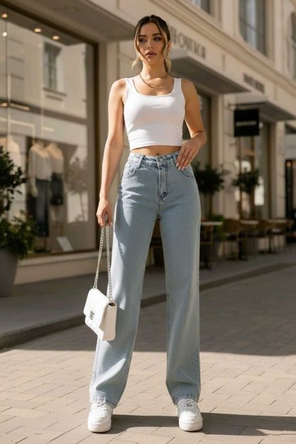 Julia 90's Light Blue Snow Stretch Fabric Super High Waist Loose Leg Denim Palazzo Pants