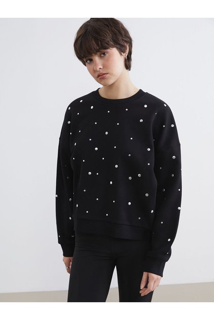 Gray Crew Neck Stoned Women's Thick Sweatshirt (S6)