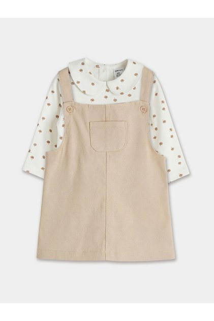 Beige Peter Pan collar Patterned Baby Girl Gabardine Dress