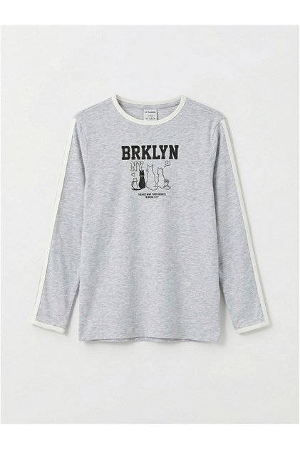 Gray Printed Long Sleeve Girls' T-Shirt