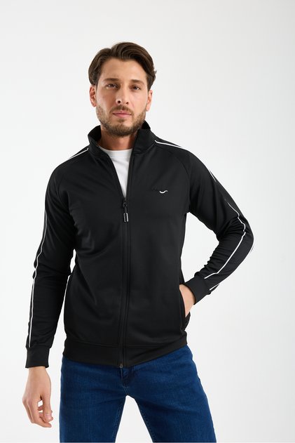 Erkek Siyah Şerit Detaylı Dalgıç Kumaş Tam Fermuarlı Sweatshirt - Eşofman Üstü