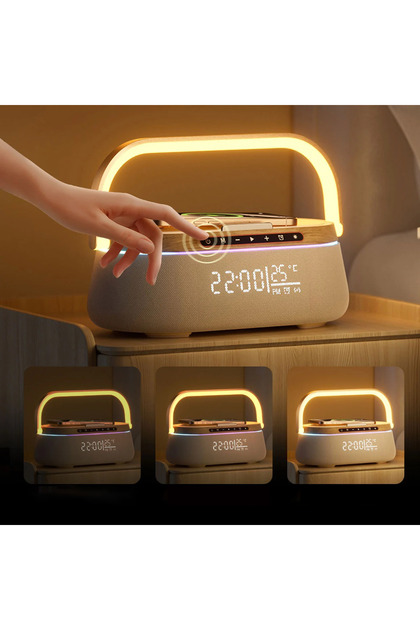 Boxă Bluetooth de noptieră 9 în 1 cu încărcare wireless, ceas, alarmă și lumină LED