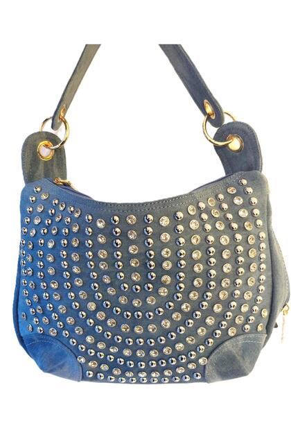 C1093 Kadın İthal Taşlı Ve Troplu Denim Çanta