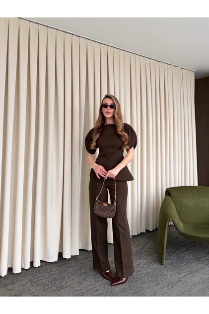 Brown Balloon Sleeve Asymmetric Blouse Pants Set - 25194