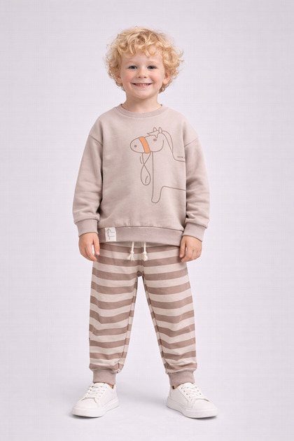 Boy's at Printed Striped Top and Bottom 2-Piece Tracksuit Set 2Iplik Transitional 1-2-3-4 Years Old