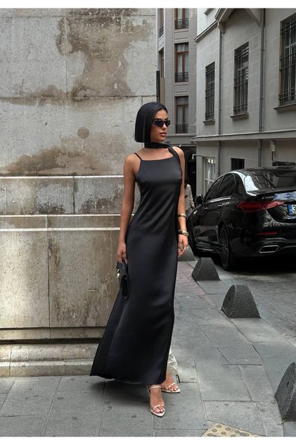 Women's Black Backless Shawl Detailed Strappy Maxi Satin Dress Yel221738