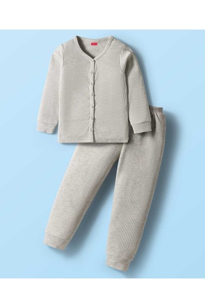 Knit Full-Sleeve Solid Thermal Vest & Pants Set - Light Grey
