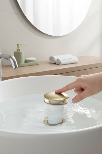 Lavabo Sifonu Mat Altın Bas Bırak Sistem Lavabo Ortası Gider Sifonu Mat Gold
