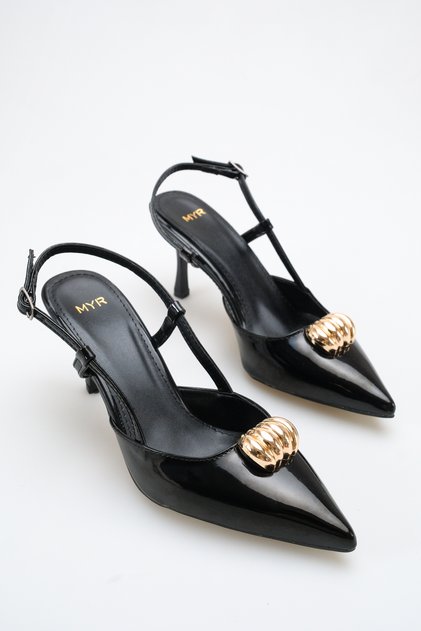 Women's Buckle Detailed Heeled Shoes Black Patent Leather