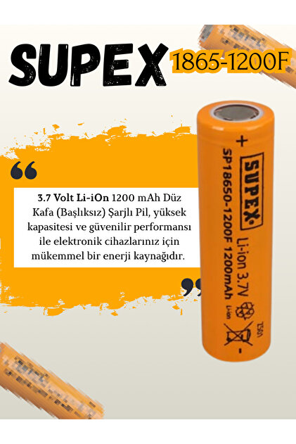 Supex 10-adet 1865-1200F 3.7V Li-Ion 1200 mAh 18650 Düz Kafa