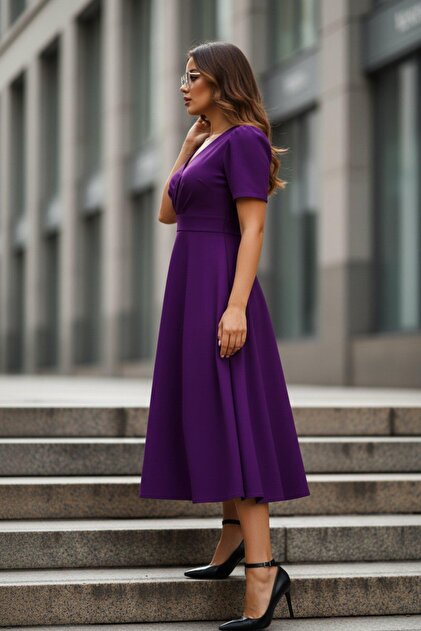 purple a line midi dress INSPIRE CHIC Women's Split Neck Bell 3/4 Sleeve Business Office Causal A-Line Midi Dresses Purple Medium