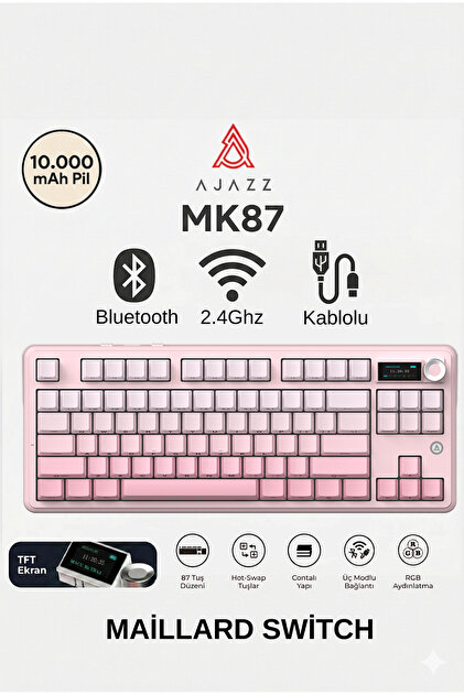 Ajazz MK87 Maillard Switch 10.000 Mah Batarya RGB Mekanik Oyun