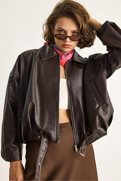 New Season Trend Model Oversized Belted Leather Bomber Jacket
