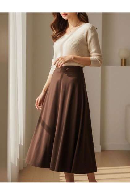 Women's Brown High Waist Draped Midi Skirt