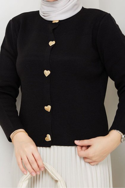Women's Skirt Top Gold Heart Button Detailed Knitwear Cardigan - Black