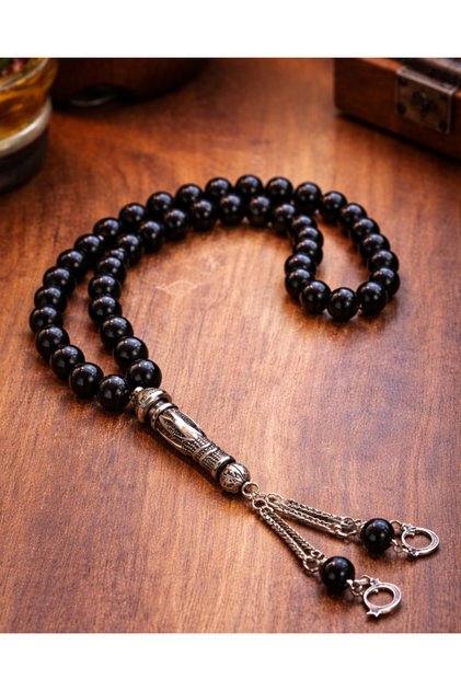 Onyx Stone Prayer Beads 8 mm – Shiny Black Natural Stone, Special Design with Imami and Chain Tassel Prayer Beads