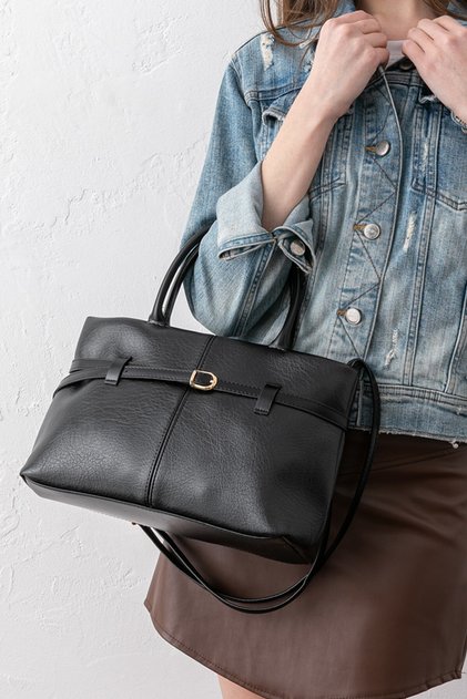 Aira Belt Detailed Soft Leather-Look Large Internal Volume Women's Black Shoulder and Shoulder Bag