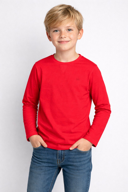 Boy's T-Shirt Long Sleeve Red T-Shirt with Collar Detail and Logo