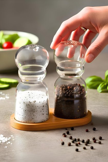 2'li Bambu Standlı Borosilikat Cam Tuzluk