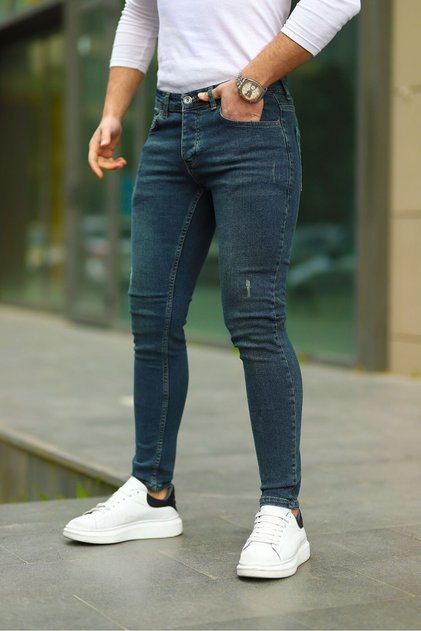 Men's Green Slim Fit Laser-Detail Stretch Fabric Jeans