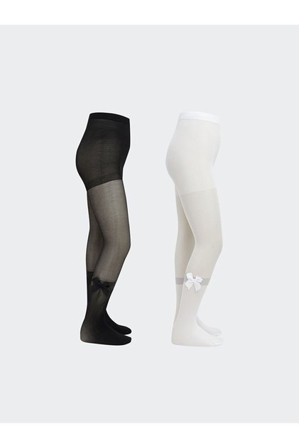 Girls' Thin Pantyhose with Bow Detail, 2-Piece Set