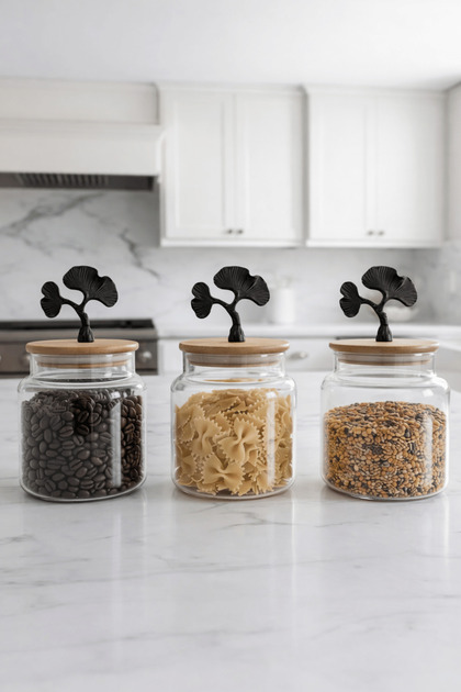 Matte Black Ginkgo Figured 3-Piece Glass Jar Set – 635 Cc Storage Container with Bamboo Lid