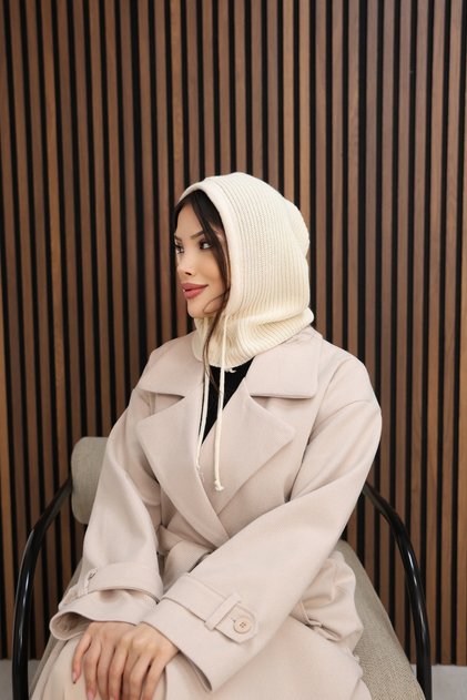 Unisex Cream Knitted Balaclava Beanie - Winter Knitwear Hooded Hat
