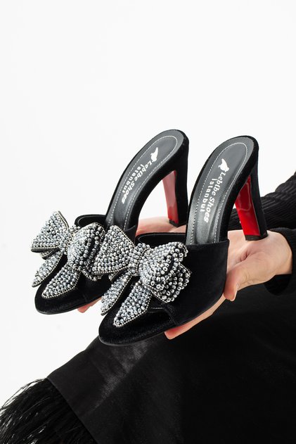 SERAVIA Women's Black Velvet Stone-Embellished Bow 9 cm Heel Evening Slipper