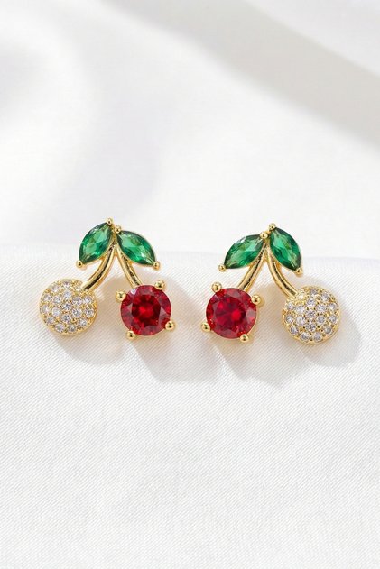 Cherry Model Zircon Stone Stainless Steel Gold Color Women's Earrings - 1.4 cm