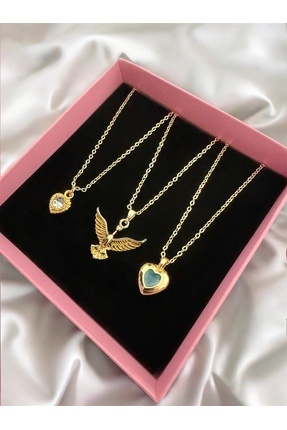Gold Renk 3 lü Anka Kuşu Mavi Beyaz Kalp Kombin Set Kolye