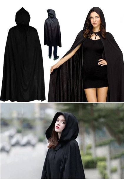 Maskeli Balo & Cadılar Bayramı Için Kadınlara Özel Drakula Kadın Siyah Black 120 Cm Kapşonlu Pelerin